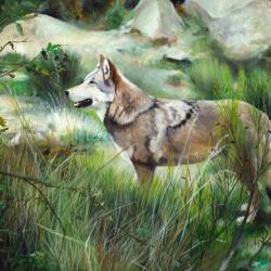 PEINTURE à L'HUILE : OEUVRE ORIGINALE : "Loup dans les genêts"