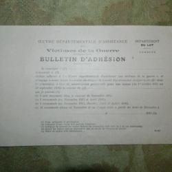 Bulletin d'adhésion oeuvre d'assistance aux victimes de guerre 1915