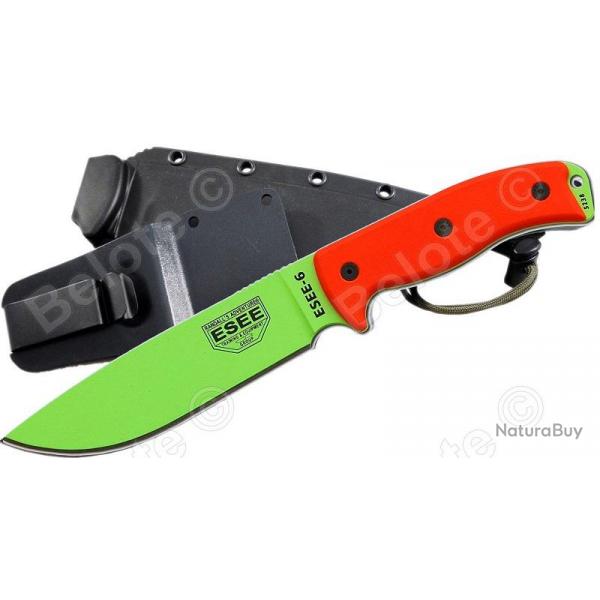 Couteau de Survie ESEE Model 6 Lame Carbone 1095 Venom Green Manche Orange G-10 Kydex USA  ES6PVG