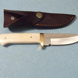 Couteau de Chasse Skinner Bushcraft Lame Acier Inox Manche Os Etui Cuir PA8010