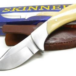 Couteau de Chasse Skinner Lame Acier Carbone/Inox Manche Os Etui Cuir PA3343