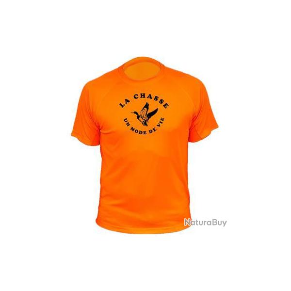 Tee-shirt technique respirant orange fluo 100% polyester "La chasse un mode de vie" Canard