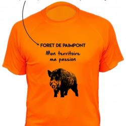 Tee-shirt technique respirant orange fluo - Votre lieu de chasse + Mon territoire ma passion