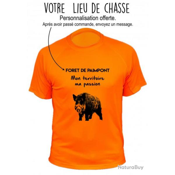 Tee-shirt technique respirant orange fluo - Votre lieu de chasse + Mon territoire ma passion