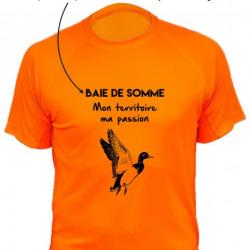 Tee-shirt technique respirant orange fluo canard - Votre lieu de chasse + Mon territoire ma passion