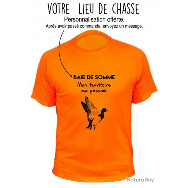 Tee-shirt technique respirant orange fluo canard - Votre lieu de chasse + Mon territoire ma passion