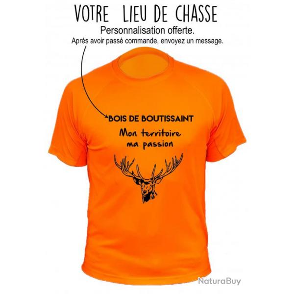 Tee-shirt respirant orange fluo - Votre lieu de chasse + Mon territoire ma passion