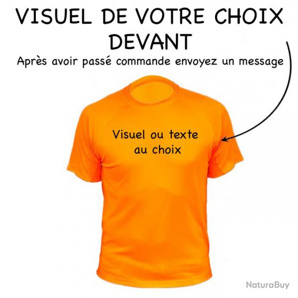 Tee-shirt technique respirant orange fluo avec marquage devant + derrire