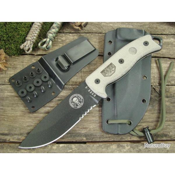 Couteau ESEE Model 5 Tactical Lame Acier Carbone 1095 Serr Manche Micarta Etui Kydex USA ES5STG