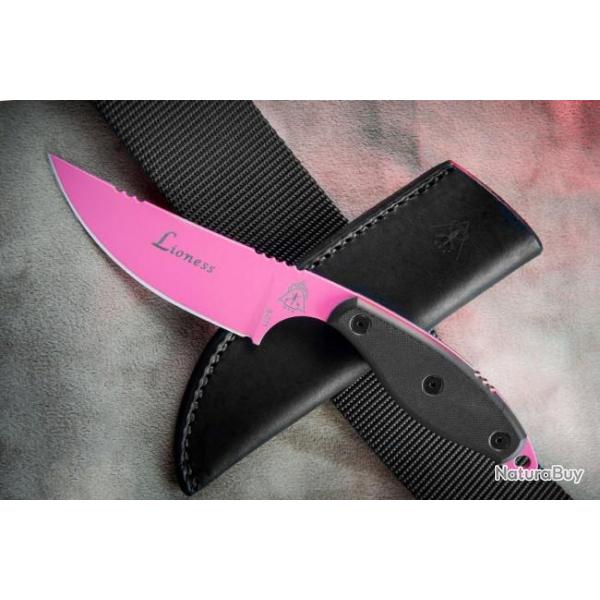 Couteau Tops Lioness Pink Acier 1095 Manche G-10 Etui Cuir Made In USA TPLION01