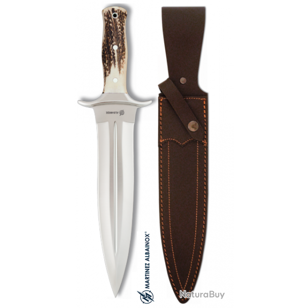 Couteau de chasse lame droite de 23 cm manche corne de cerf  avec son Etui tout Cuir