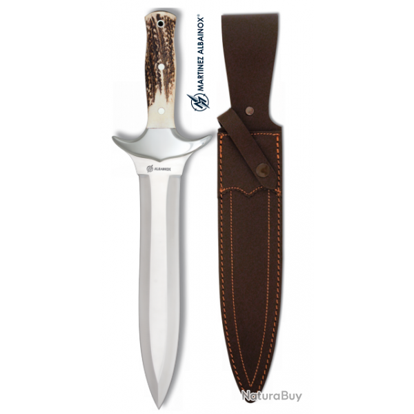 Couteau de chasse 43 cm lame droite de 27 cm manche corne de cerf  avec son Etui tout Cuir