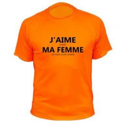 Tee-shirt chasse respirant orange "J'aime / quand / ma femme / me laisse aller chasser"