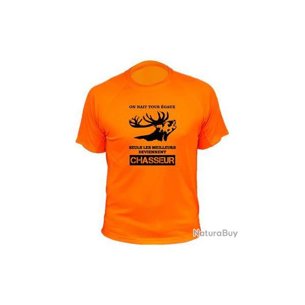 Tee-shirt chasse respirant orange "On nat tous gaux, les meilleurs deviennent chasseur" Chevreuil