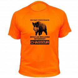 Tee-shirt chasse respirant orange "On naît tous égaux, les meilleurs deviennent chasseur" Sanglier