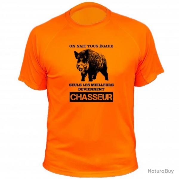 Tee-shirt chasse respirant orange "On nat tous gaux, les meilleurs deviennent chasseur" Sanglier