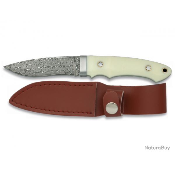 Couteau pour Chasseur DAMASCUS  lame de 8 cm avec son Etui tout Cuir