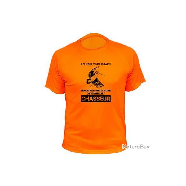 Tee-shirt chasse respirant orange "On nat tous gaux, les meilleurs deviennent chasseur" Bcasse