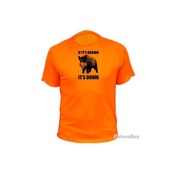 Tee-shirt chasse respirant orange 'if it is brown it is down" Sanglier