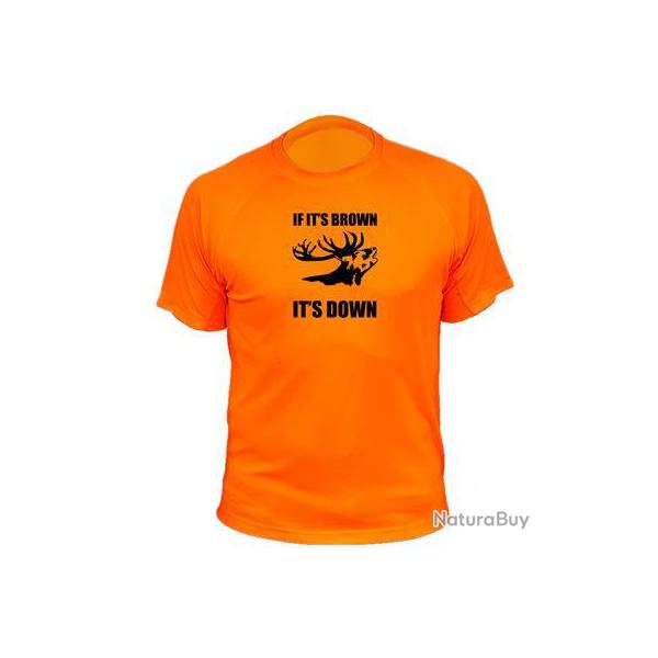 Tee-shirt chasse respirant orange 'if it is brown it is down" Cerf