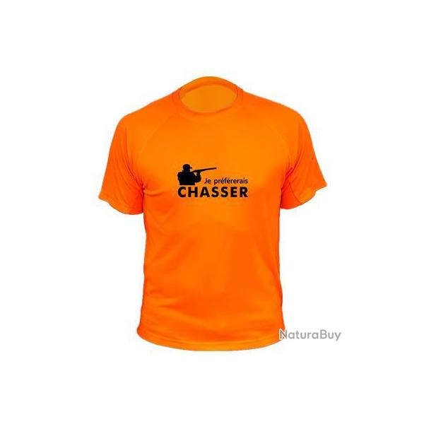 Tee-shirt chasse respirant orange "Je prfrerais chasser"