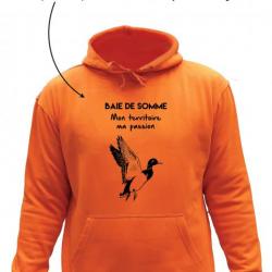 Sweat de chasse avec capuche Orange -mon territoire, ma passion- personnalisation canard
