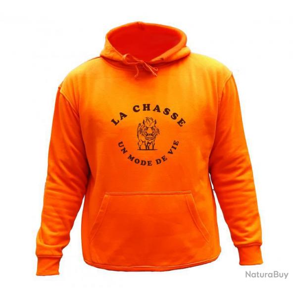 Sweat de chasse avec capuche Orange -motif original Sanglier