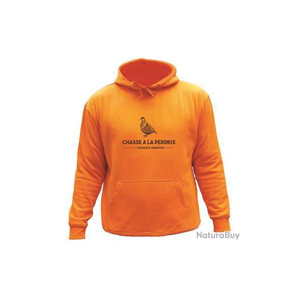 Sweat de chasse avec capuche Orange -motif chasse  la perdrix