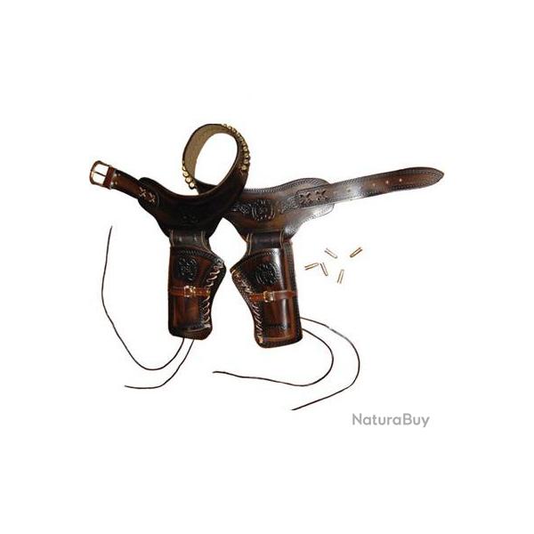 Ceinturon double holster marron + Balles pour 2 revolvers western