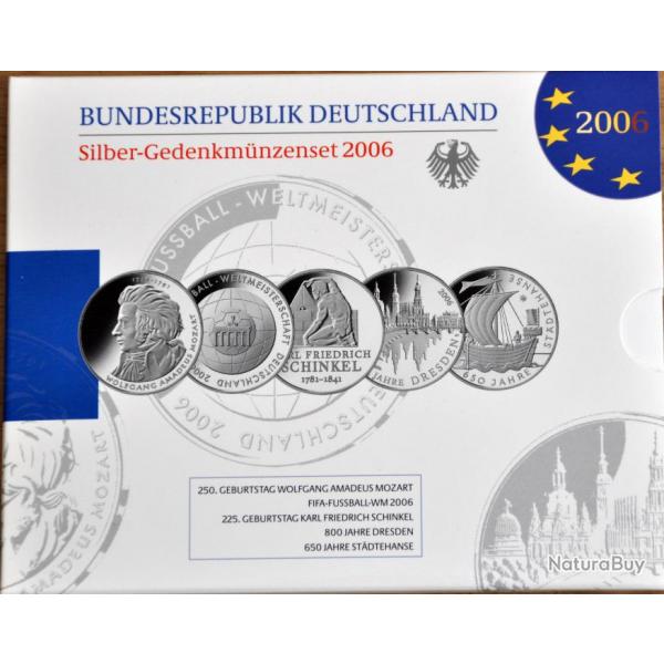 10  Srie BE argent Allemagne 2006 - 5 x pices commmorative de 10 euros / monnaie belle preuve