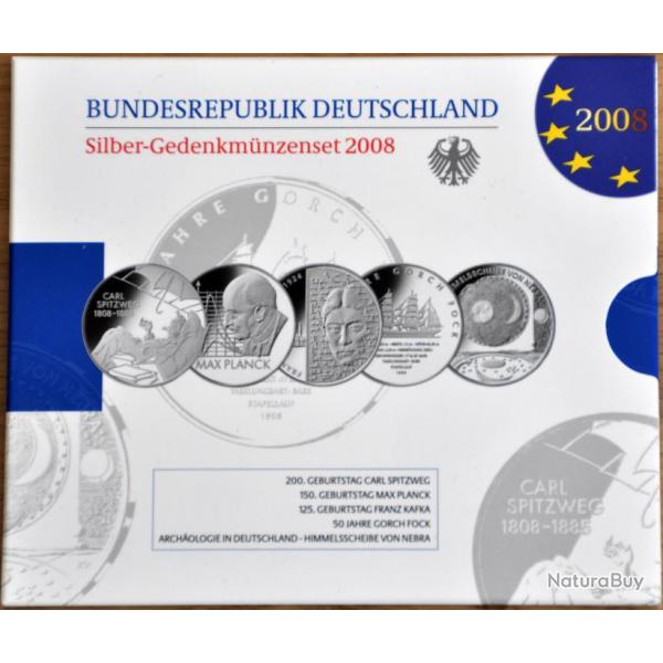 10  Srie BE argent Allemagne 2008 - 5 x pices commmorative de 10 euros / monnaie belle preuve