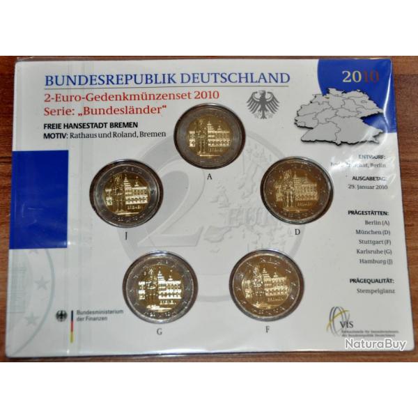 2  Srie BU Allemagne 2010 BRME - 5 x pices commmorative de 2 euros / 5 Ateliers