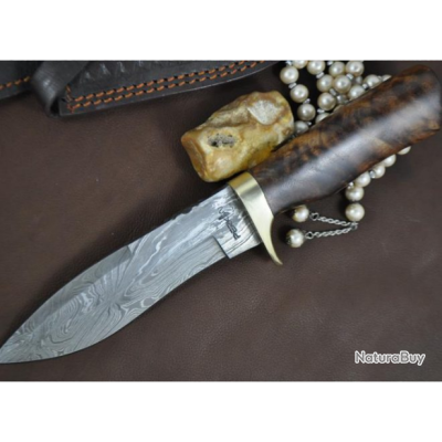 BIGCAT ROAR Couteau de traqueur fait main en Acier de Damas - Couteau de chasse à lame fixe Full Tang avec étui et manche en bois de noyer - 25.4 cm EDC