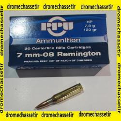 1 boite neuve de 20 cartouches Partizan  de calibre 7-08 rem, 120 grains, 7,8 grammes , ogives HP