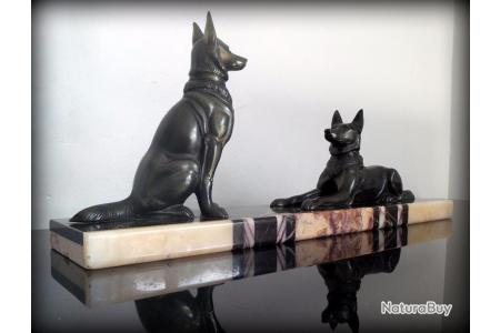 Superbe! Chiens régule/bronze sur socle marbre- période art déco 