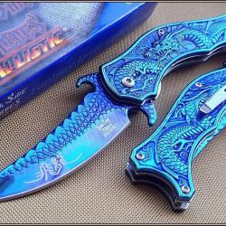 Couteau Dark Side Dragon A/O Lame Acier Inox Blue Titane Manche Acier Décor Dragon DSA019BL