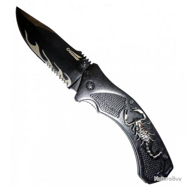 Crossnar - Couteau Pliant Alu Dcor Scorpion Lame Noire Semi-Dente - 10871