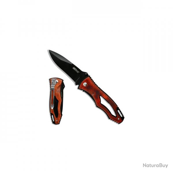 Mtech - Couteau Pliant Manche Bois Pakka Rouge Lame Noire Clip - MT-416