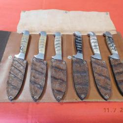 6 couteaux de table , corne et étui en cuir, fabrication Artisanale Espagnole, idée cadeaux,