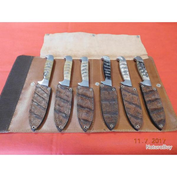 6 couteaux de table , corne et tui en cuir, fabrication Artisanale Espagnole, ide cadeaux,