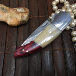 Très beau Couteau Damas de chasse pliant avec gaine (Micarta rouge et os)