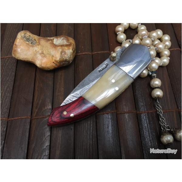 Trs beau Couteau Damas de chasse pliant avec gaine (Micarta rouge et os)