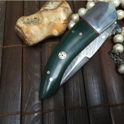 Très beau Couteau Damas de chasse pliant avec gaine (Micarta vert)