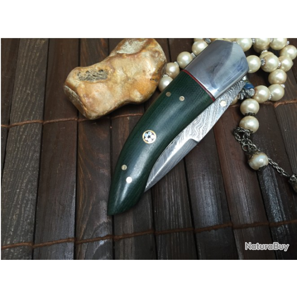 Trs beau Couteau Damas de chasse pliant avec gaine (Micarta vert)