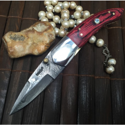 Très beau Couteau Damas de chasse pliant avec gaine (Micarta rouge)