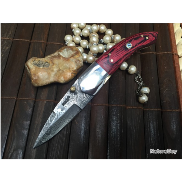 Trs beau Couteau Damas de chasse pliant avec gaine (Micarta rouge)
