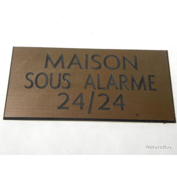 Plaque adhsive "MAISON SOUS ALARME 24/24" format 48 x 100 mm fond CUIVRE