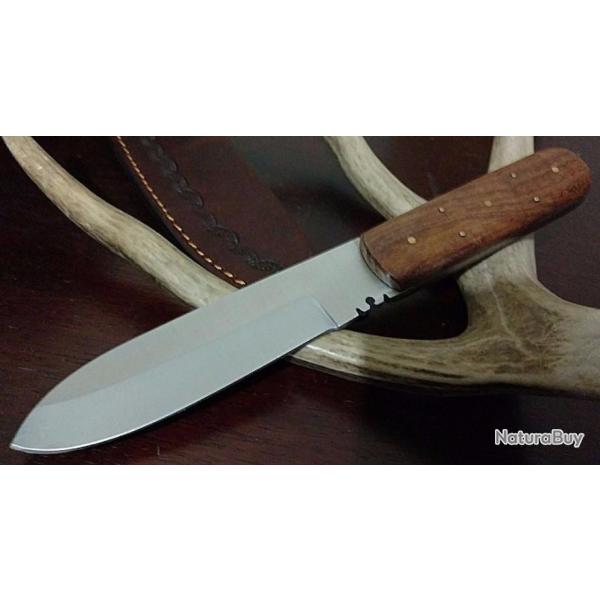 Couteau Bushcraft Classic Patch Knife Lame Acier Carbone Manche Bois Etui Cuir PA7988