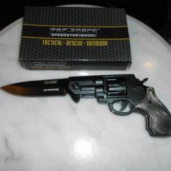 Couteau Revolver 38 Special Style Assist Tac-Force Acier 440 Poignées Black & Wood TF760BGY