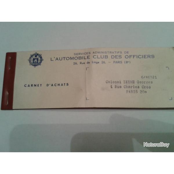 Rare Carnet d'achats de l'Automobile Club des Officiers